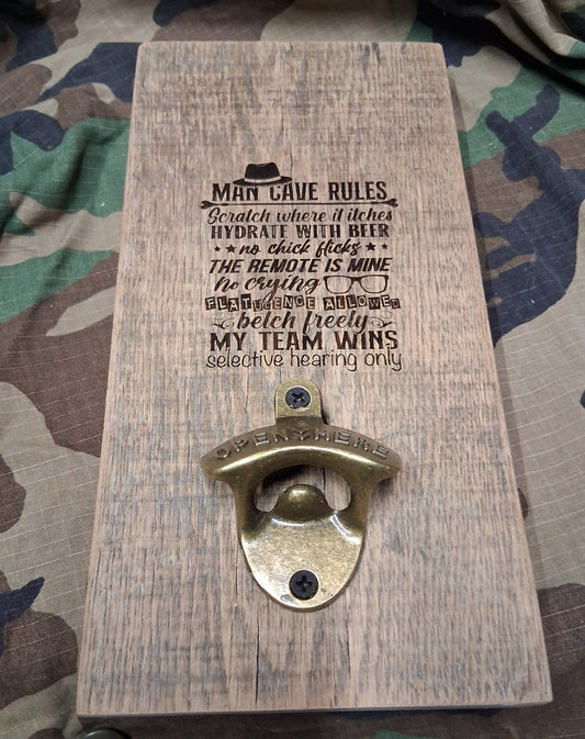 Man Cave Reclaimed Wood Wall Mounted Bottle Opener
